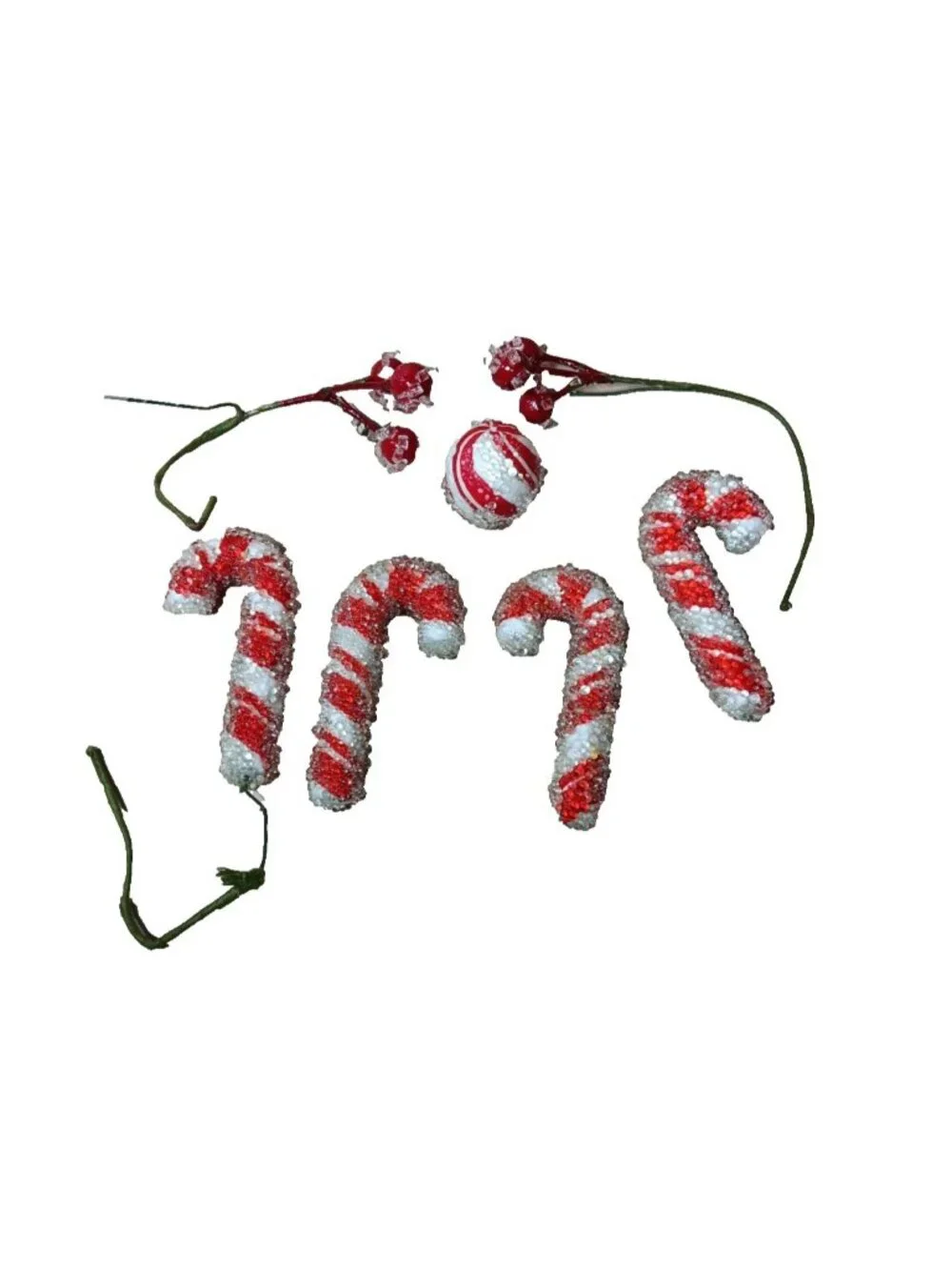 VTG Sugared Peppermint Candy and Berries Christmas Decorations 6 pc Red White